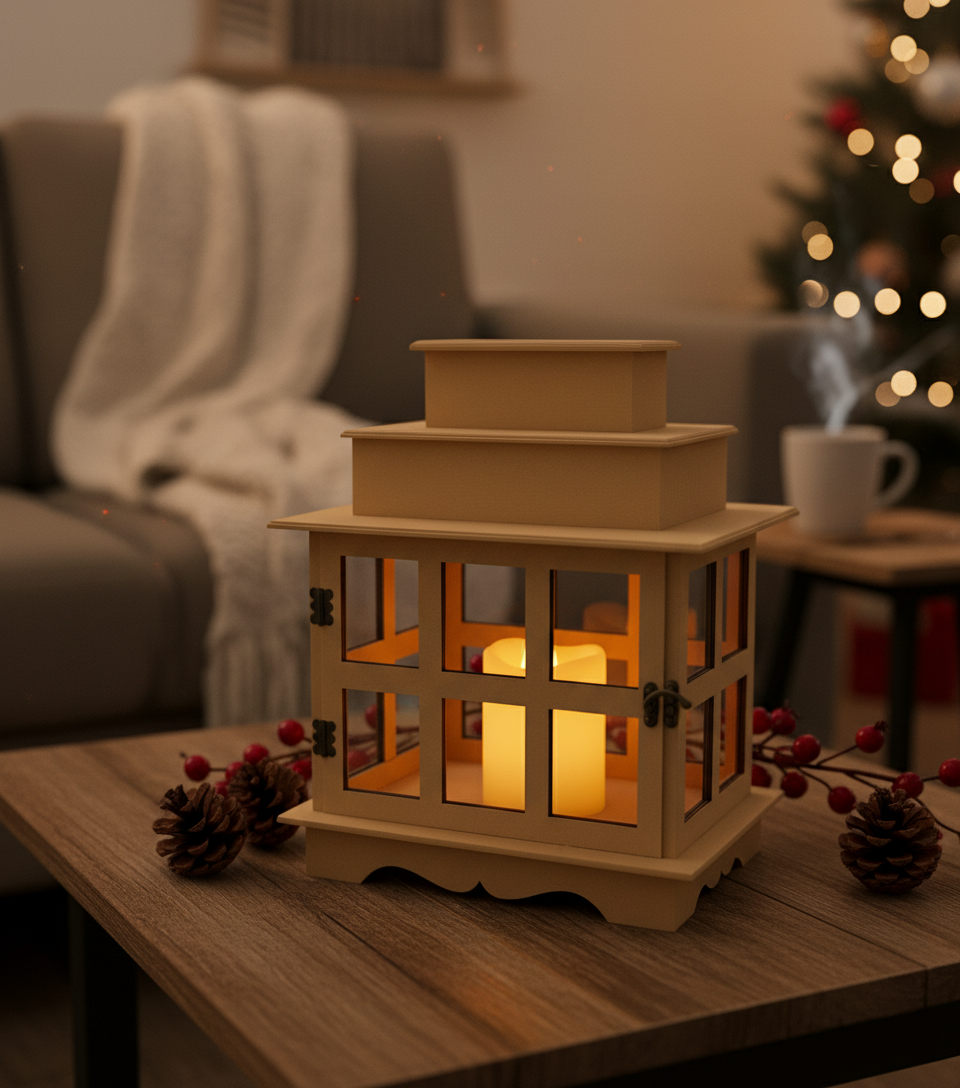 Lantern decor with lit candle in cozy holiday living room.