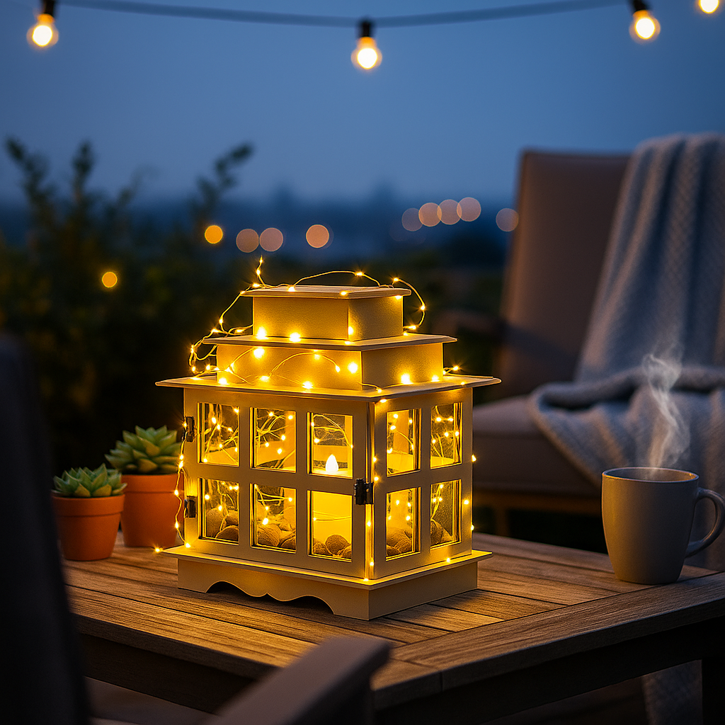 Decorative lantern with string lights on a table outdoors at night