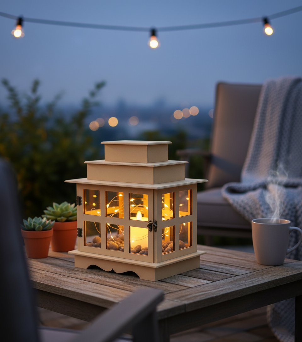 Outdoor lantern glowing with string lights on patio table.