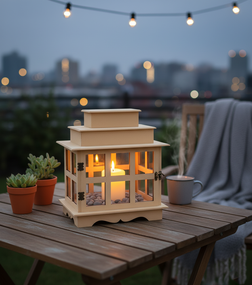 Lantern centerpiece with candle in bright daylight living room.