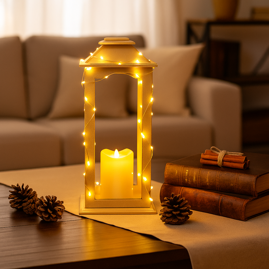 Decorative lantern with a lit candle on a table in a cozy living room setting.