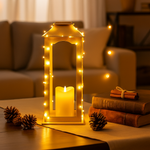 Decorative lantern with LED lights on a table in a cozy living room setting.