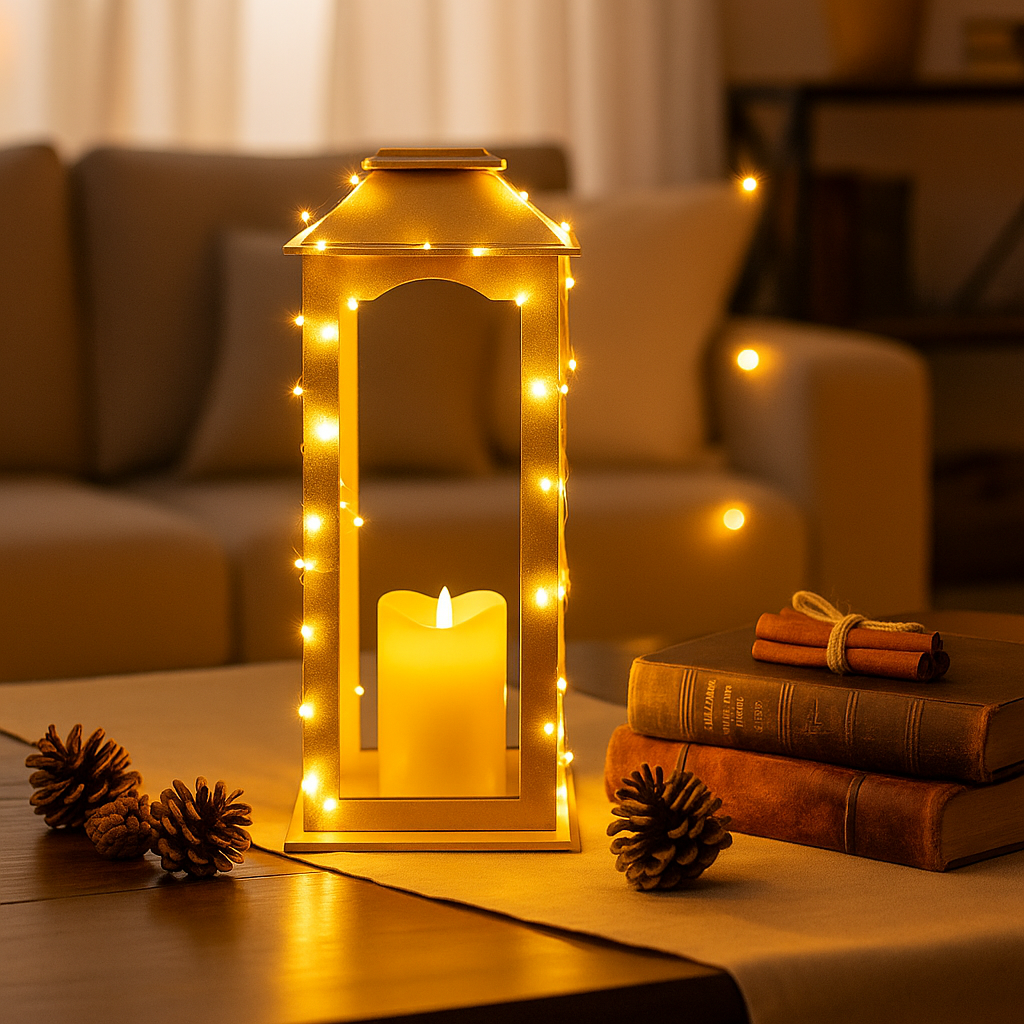 Decorative lantern with LED lights on a table in a cozy living room setting.