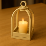 MDF  lantern with a lit candle inside on a surface