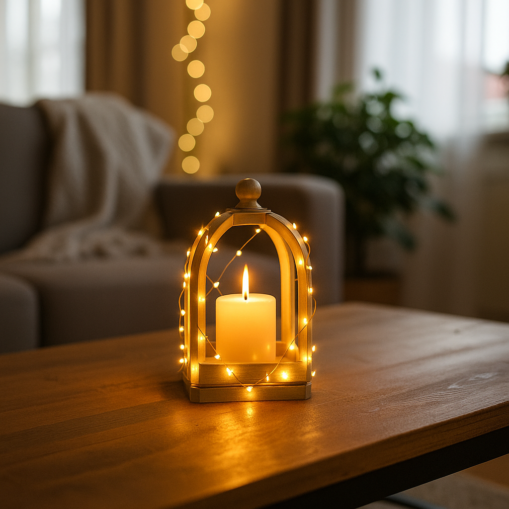 Decorative lantern with a lit candle on a wooden table in a cozy living room.
