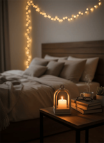 Cozy bedroom with string lights, lit candle lantern, and books on a nightstand.