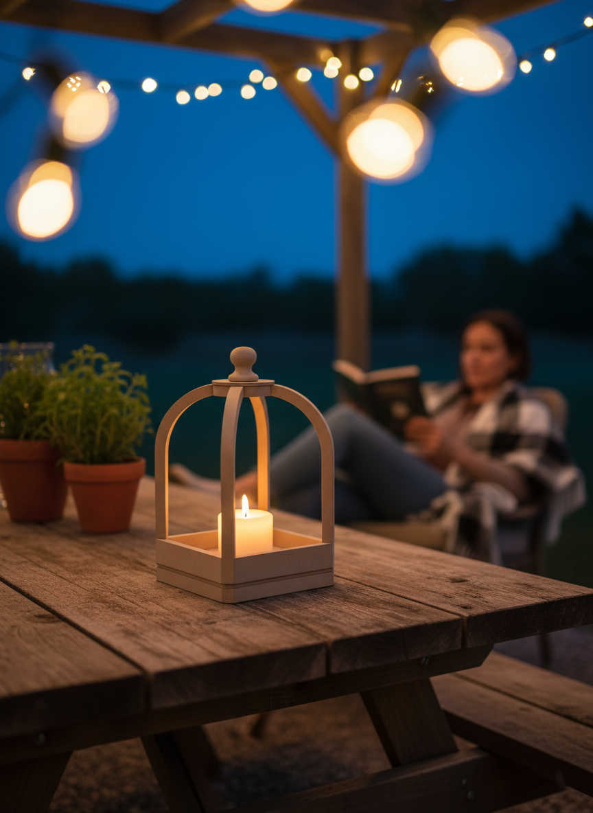 Outdoor candle lantern on picnic table with string lights at night