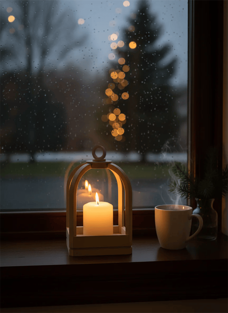 Candle in a lantern and mug on a windowsill with a snowy night outside