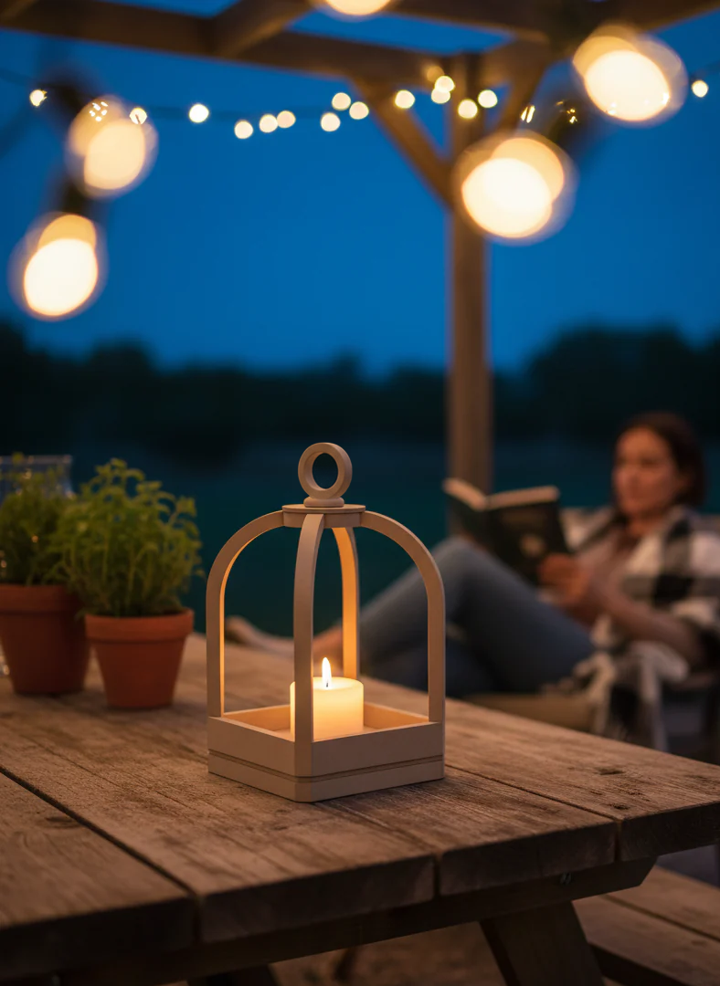 Candle lantern on a wooden table with string lights and a person reading in the background