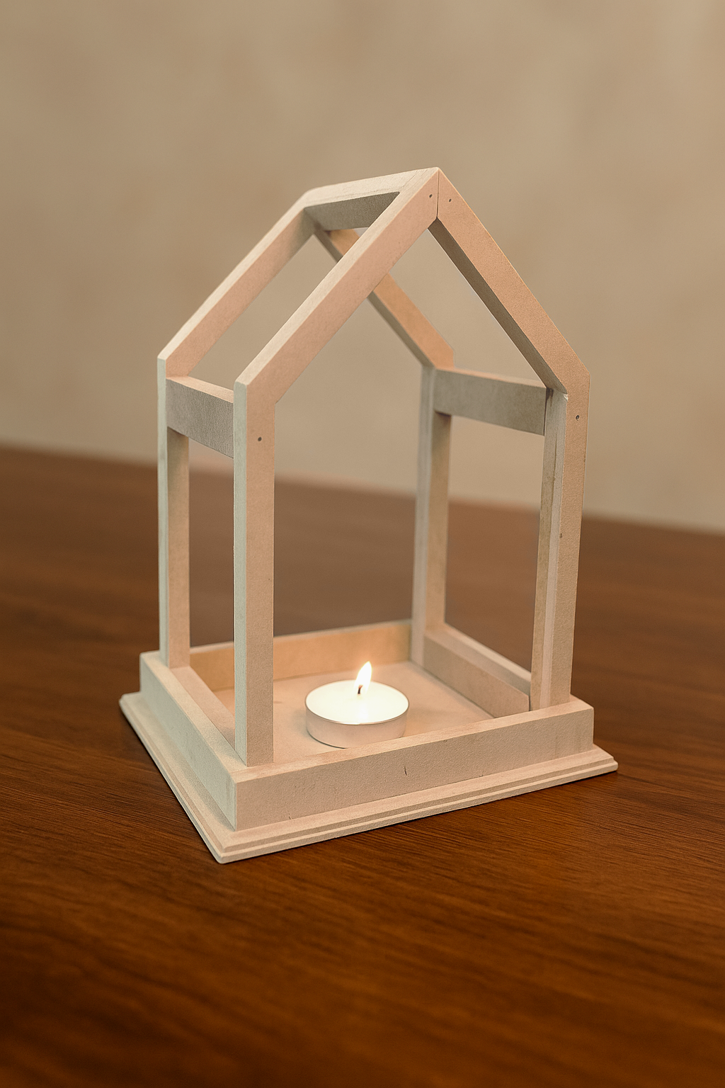 MDF house-frame lantern with open structure in natural  – decorative candle holder for festive and home décor