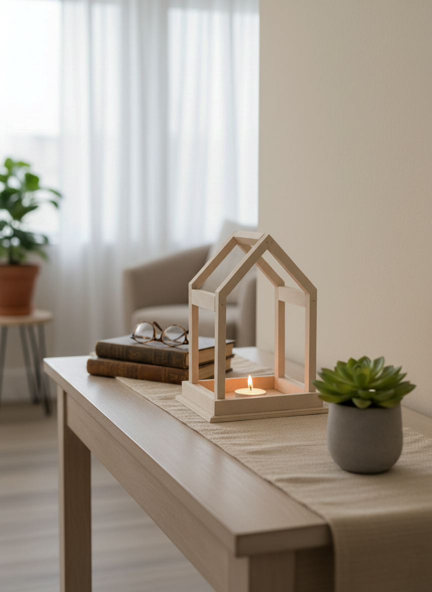 Minimal MDF house-shaped candle holder on a wooden console with books and plant