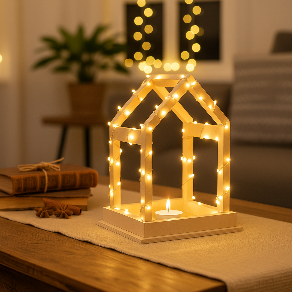 Decorative house-shaped lantern with string lights on a table in a cozy room.