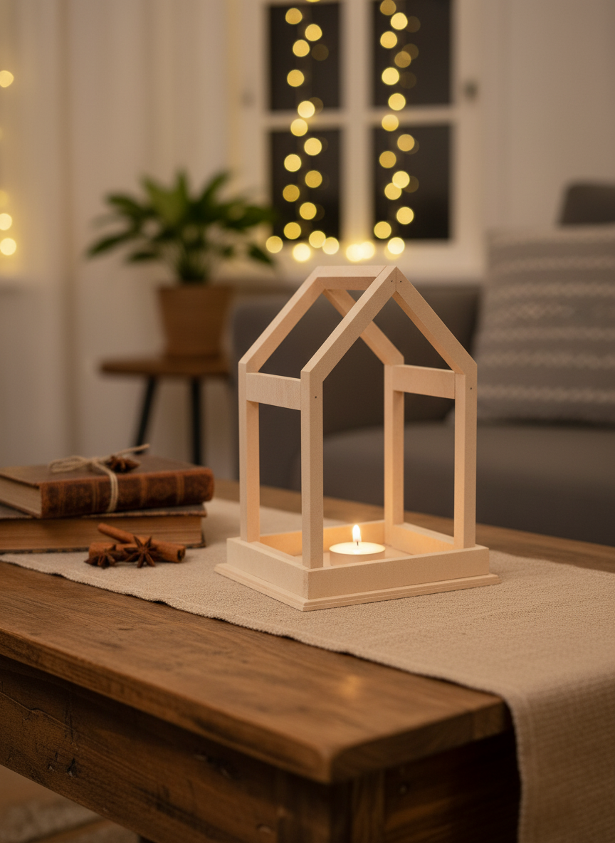 MDF house-shaped tealight holder on rustic table with festive lights in background