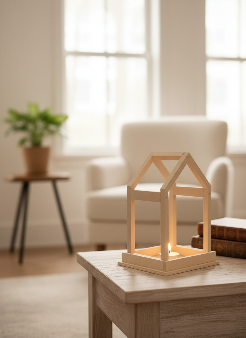 Simple MDF house candle holder on light wood coffee table near a chair