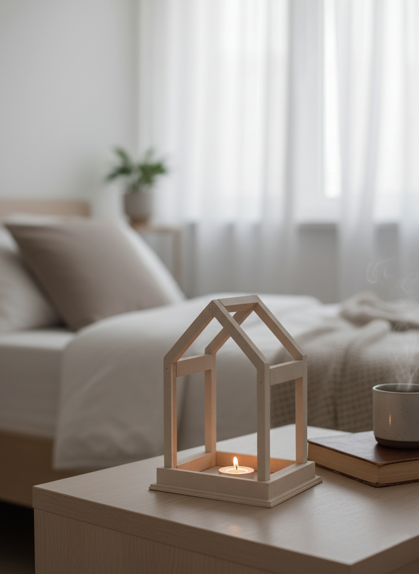 MDF house-shaped candle holder on bedside table with cozy bedroom setup
