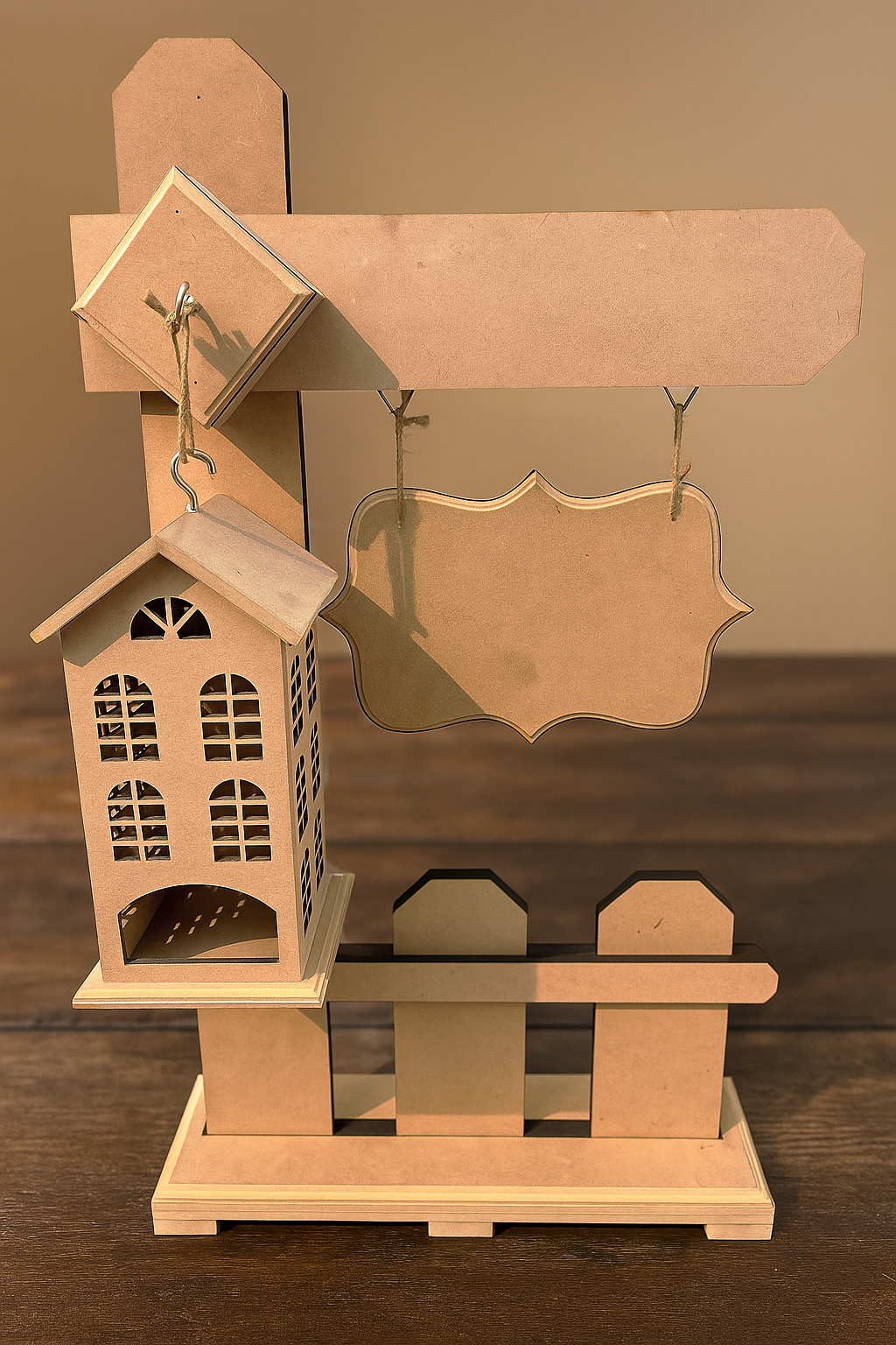 MDF multi-utility decorative stand with lantern house, hanging sign boards, and fence-style base –  craft and décor piece