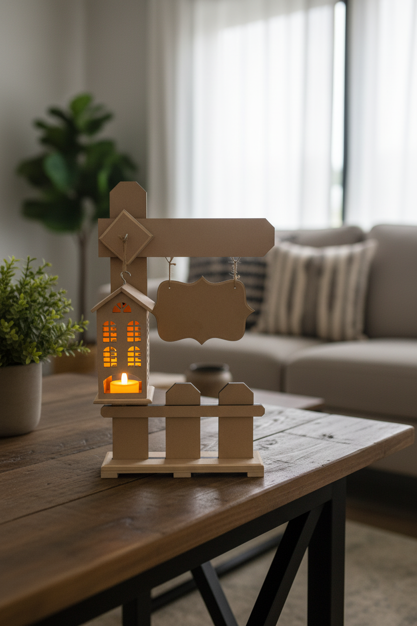 MDF  lantern with mini house design and hanging nameplate on a wooden coffee table.