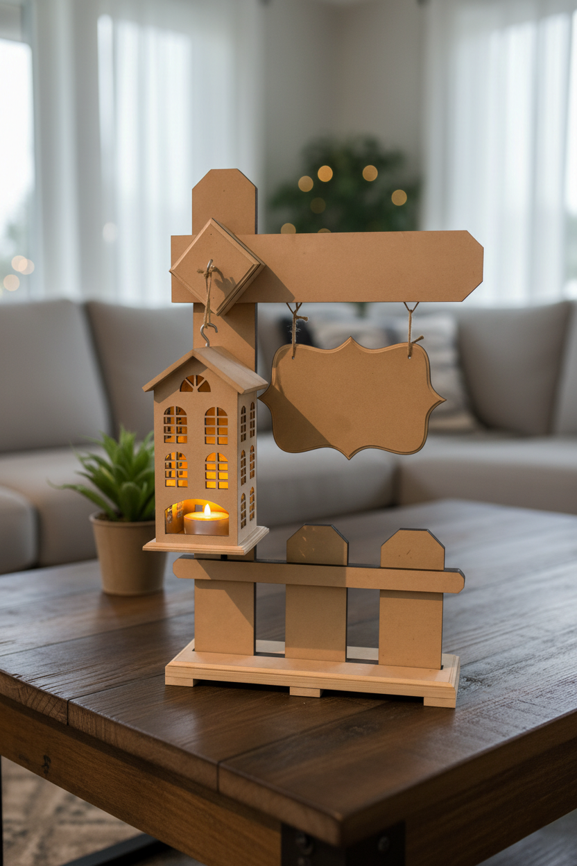MDF  lantern with nameplate on center table, soft daylight in cozy living room.