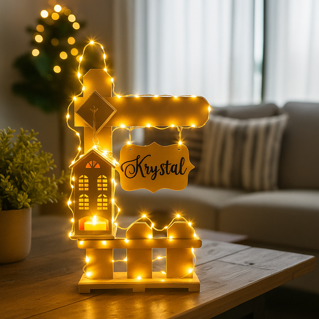 Decorative MDF sign with lights and 'Krystal' on a table in a living room.