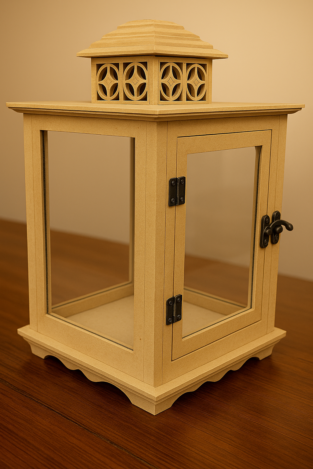 MDF premium lantern with glass panels, carved vent top, and hinged door –  candle holder for festive and home décor