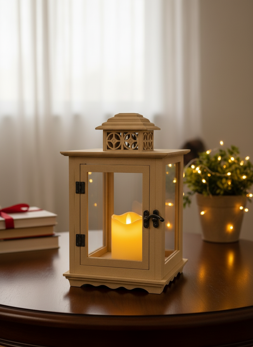 MDF lantern with glass sides and lit candle on a wooden round table.