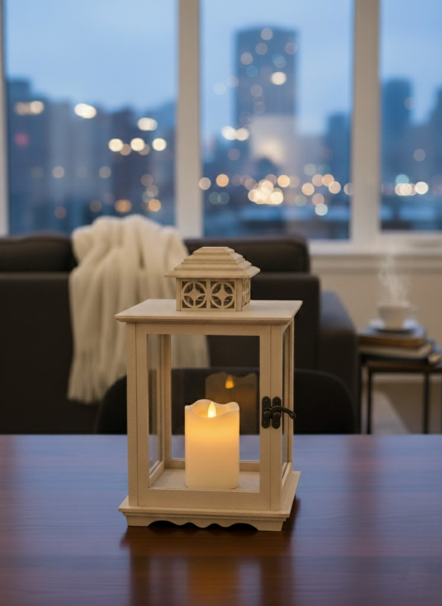 MDF lantern with candle on dining table with blurred city view background.