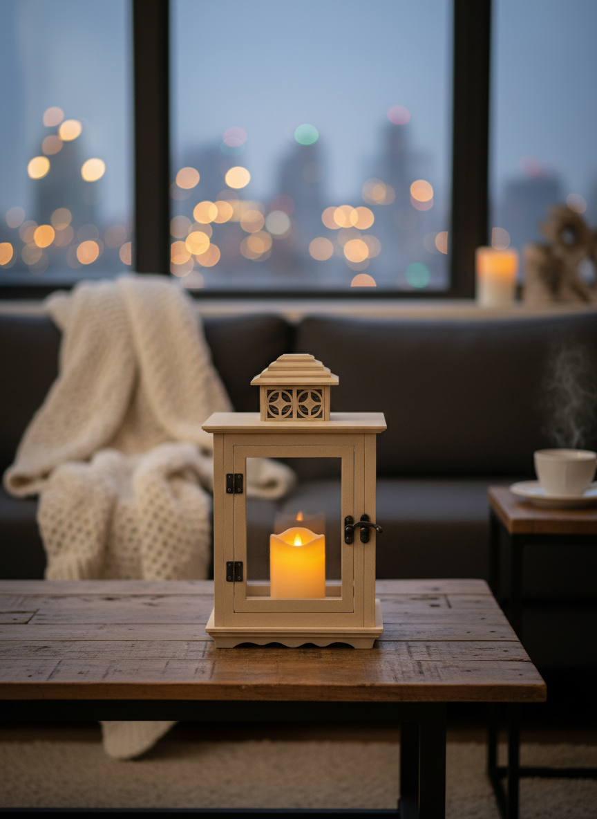 MDF lantern with candle on coffee table in cozy living room setup.