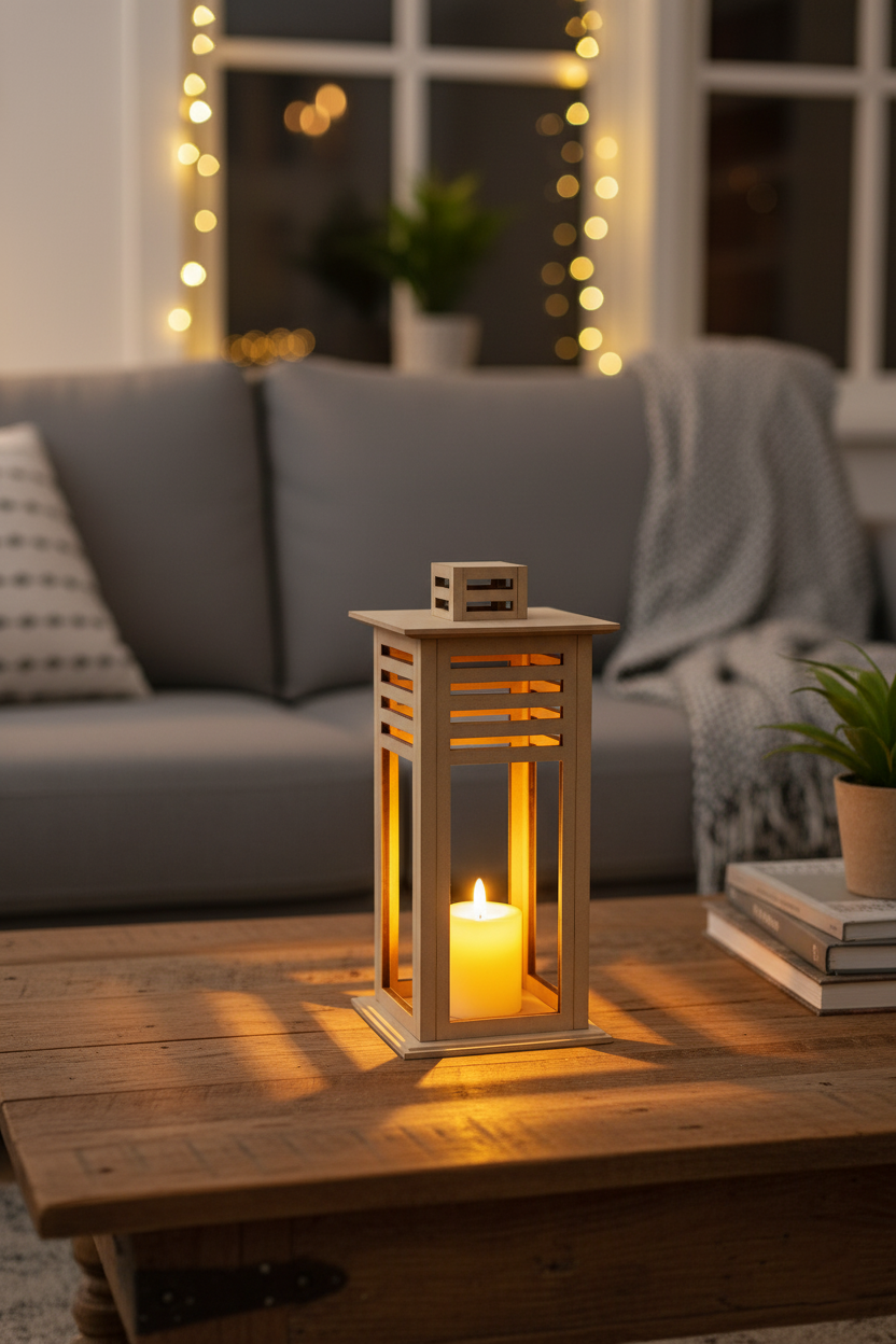 Elegant MDF lantern with slatted top design, warm candlelight glowing on rustic wooden coffee table in cozy living room.