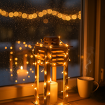 Decorative lantern with string lights and a candle on a windowsill at night.