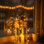 Decorative lantern with string lights and a candle on a windowsill with a snowy night outside.
