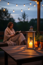 Tall MDF lantern with lit candle placed on outdoor patio table, soft string lights in background, warm evening ambience