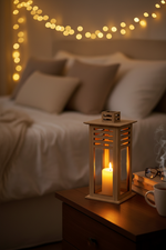 Minimalist MDF lantern with open slats, glowing candle on bedside table, fairy lights and neutral bedding in soft focus.
