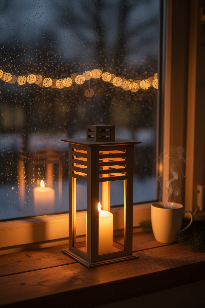 MDF lantern with vertical slats, candlelight reflecting on rain-kissed window, creating cozy monsoon vibes.