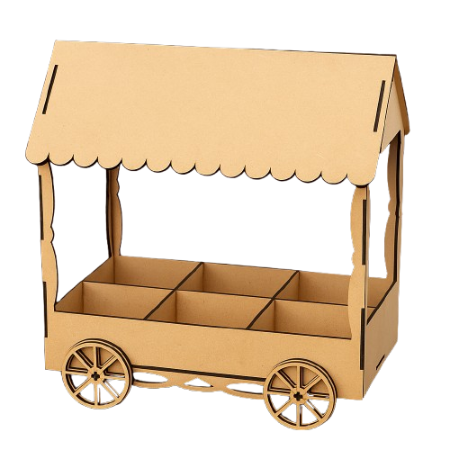 MDF candy cart display stand with roof and wheels, unpainted for DIY decoration