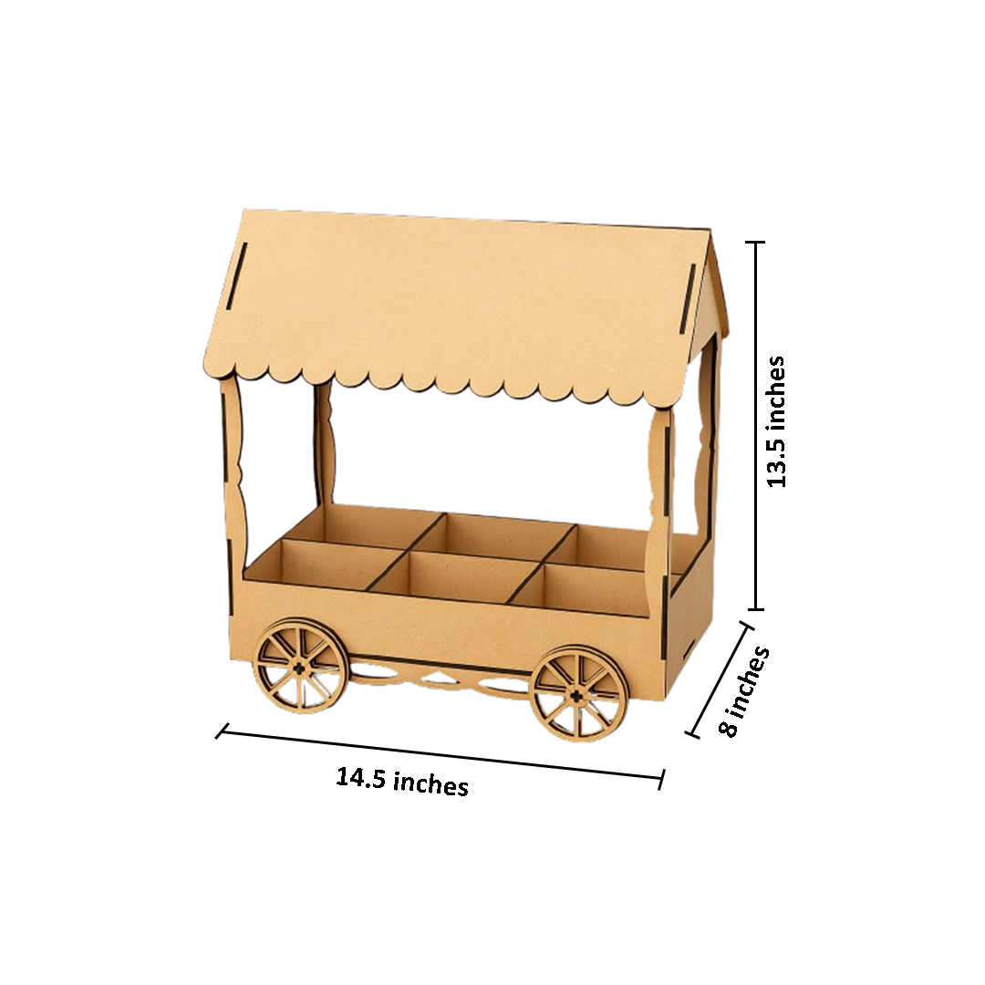 MDF candy cart display stand with roof and wheels, unpainted for DIY decoration with size
