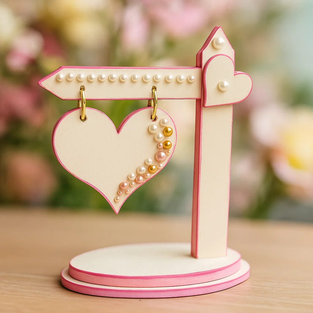 MDF heart sign board with pearls and pink outline, perfect for DIY and wedding decor