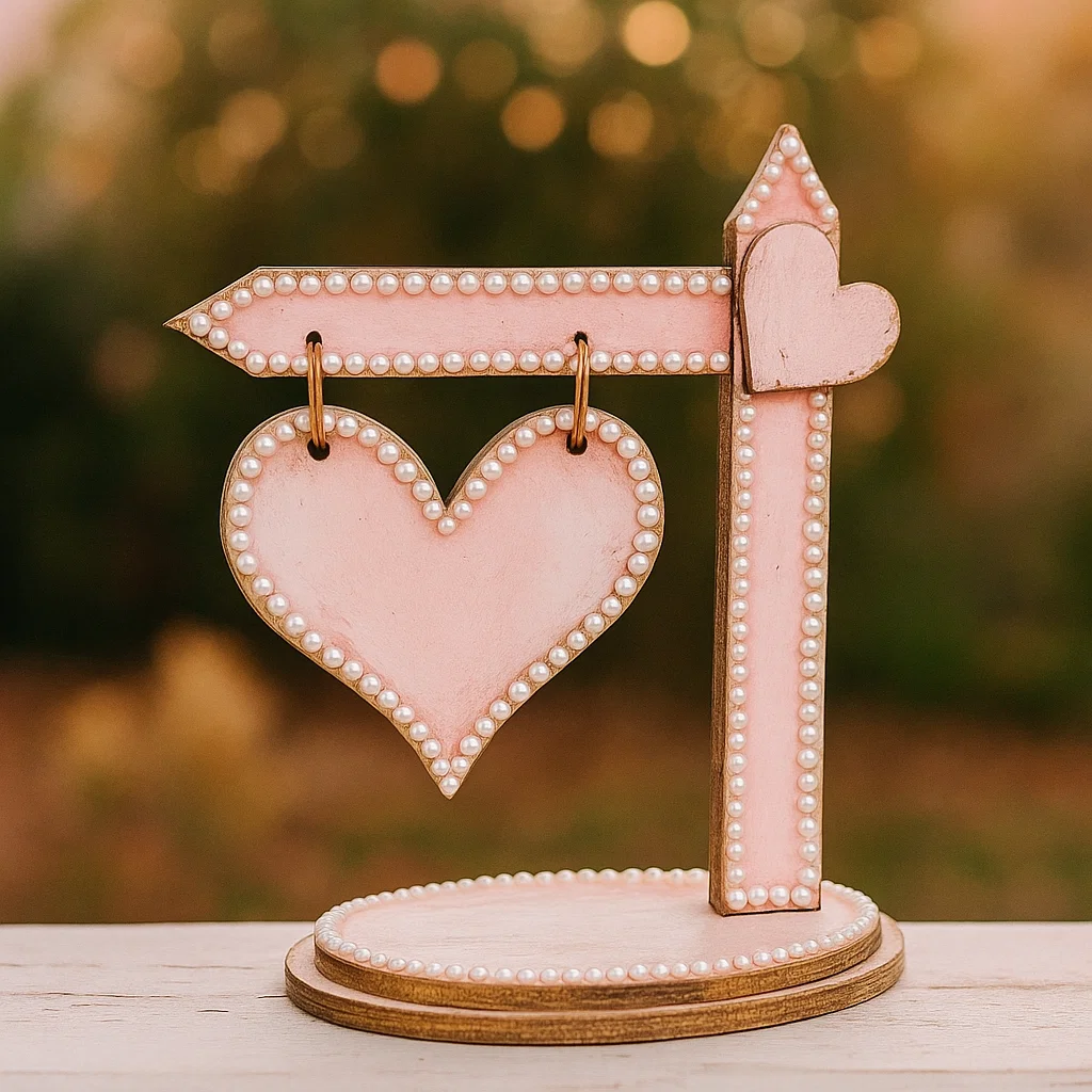MDF heart sign board with pearls and pink outline, perfect for DIY and wedding decor