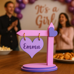 Pink and purple MDF heart sign board with name, used for baby shower decoration