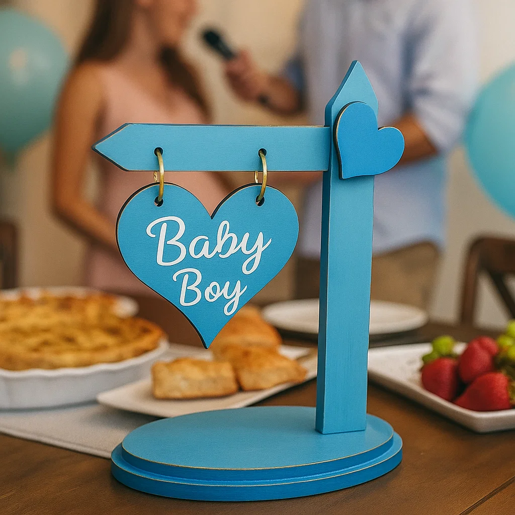 Blue MDF heart sign board with Baby Boy text, used for baby shower or announcement