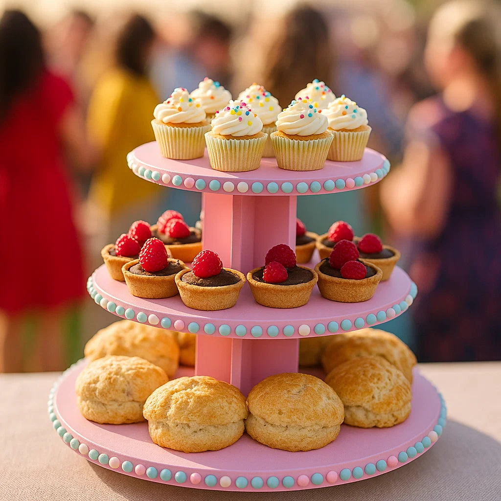 Three-tier MDF cupcake stand in pastel pink with colorful beads, holding cupcakes with sprinkles, chocolate tarts with raspberries, and scones.
