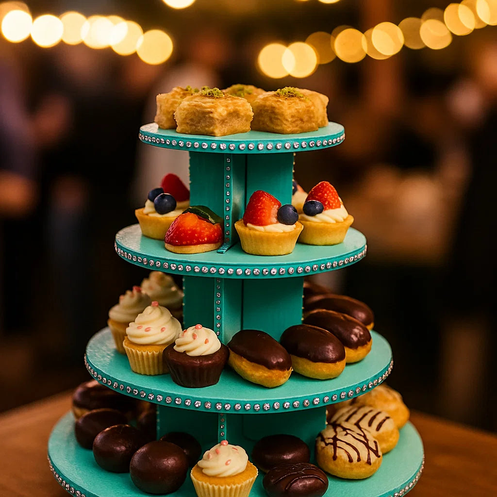 Three-tier MDF cupcake and dessert stand decorated with rhinestones, displaying assorted mini pastries, chocolate eclairs, and fruit tarts.