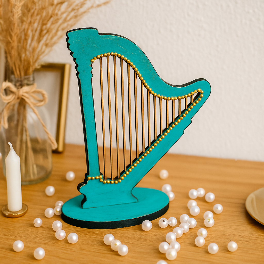 Teal MDF harp table décor with gold bead detailing