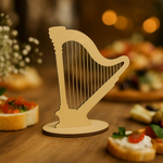 Natural MDF harp centerpiece with snacks in background