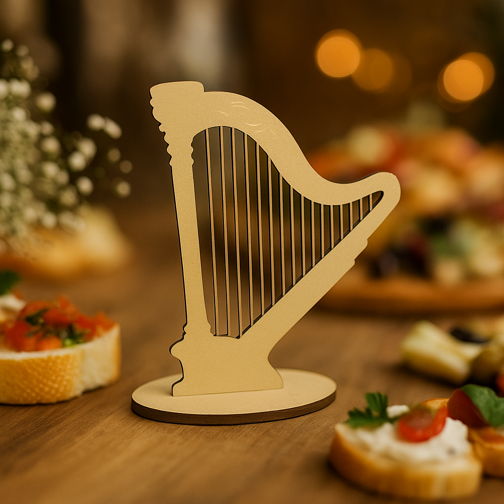 Natural MDF harp centerpiece with snacks in background