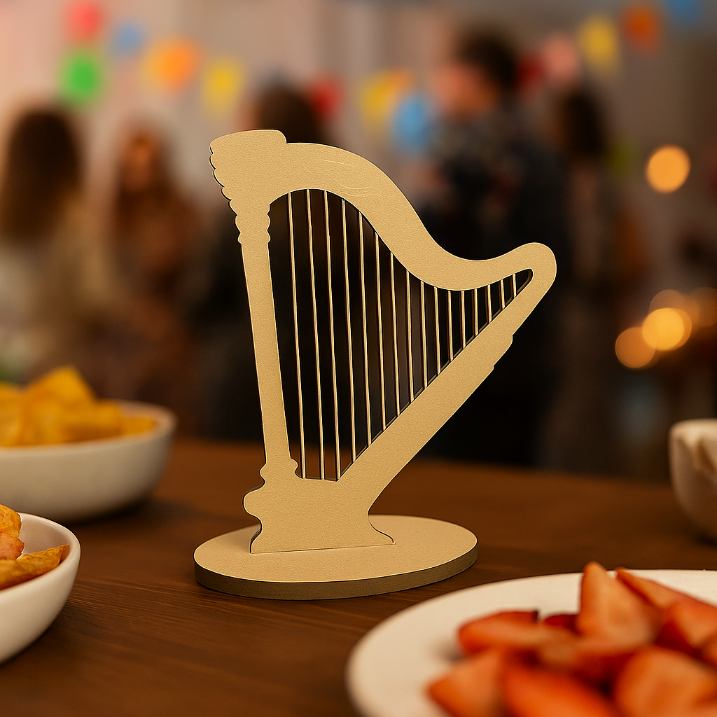 Minimal MDF harp décor on wooden table with party food