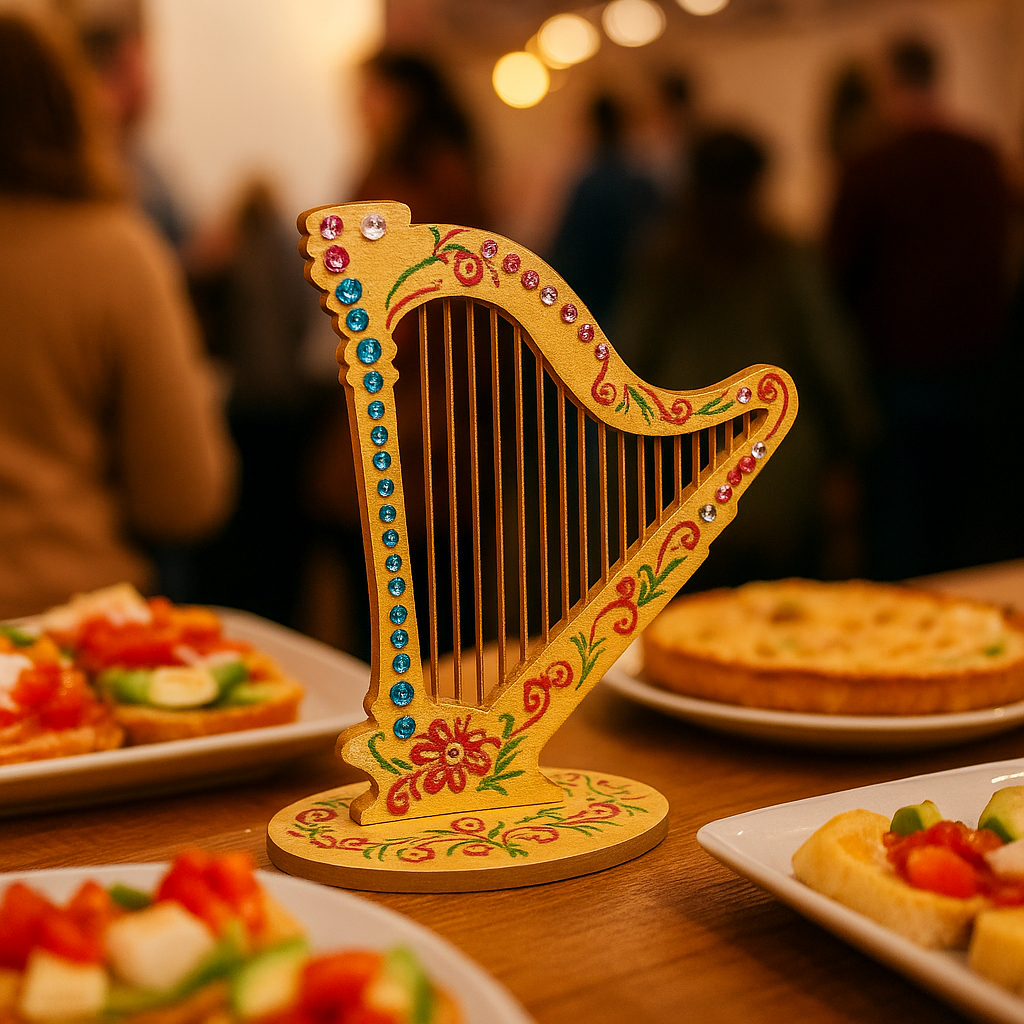 Hand-painted MDF harp with floral designs and rhinestones