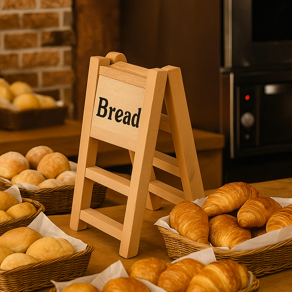 Bread display with a sign indicating 'Bread' in a bakery setting.
