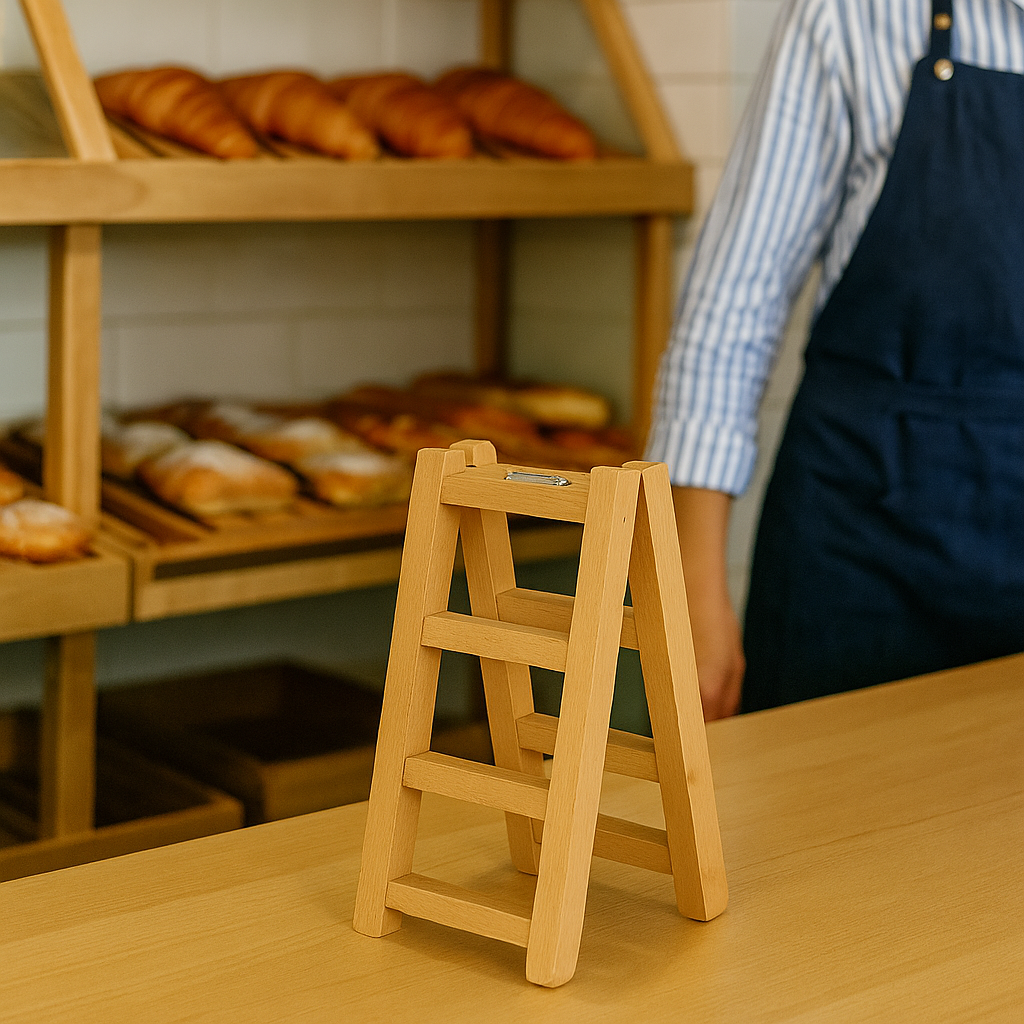MDF step stool on a table with a bakery display in the background
