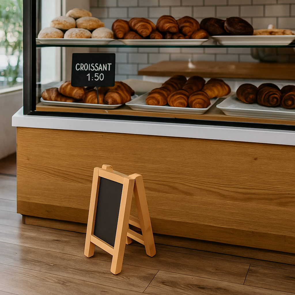 Bakery display case with pastries and a small chalkboard sign on a wooden floor.