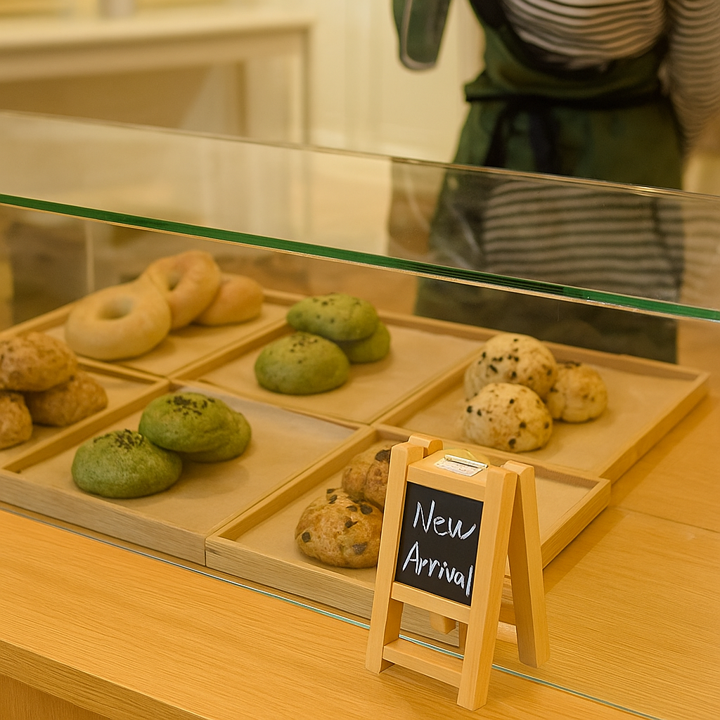 Display case with various types of bread and a 'New Arrival' sign in a bakery.